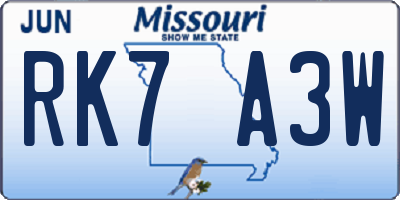 MO license plate RK7A3W