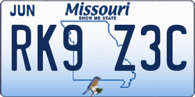 MO license plate RK9Z3C