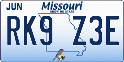 MO license plate RK9Z3E