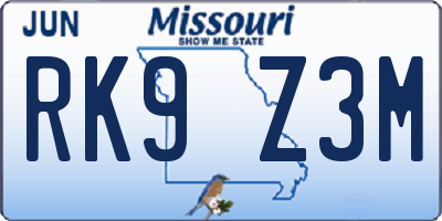 MO license plate RK9Z3M