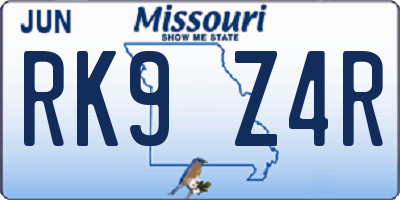 MO license plate RK9Z4R