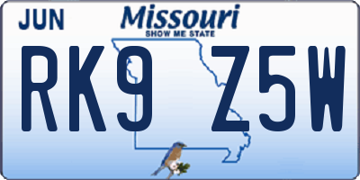 MO license plate RK9Z5W