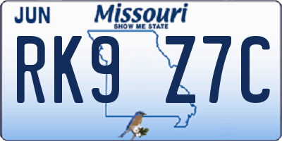 MO license plate RK9Z7C
