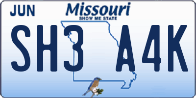 MO license plate SH3A4K