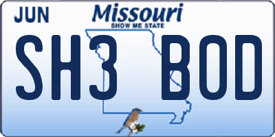 MO license plate SH3B0D