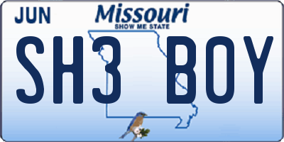 MO license plate SH3B0Y