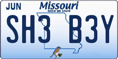 MO license plate SH3B3Y