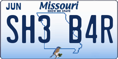 MO license plate SH3B4R