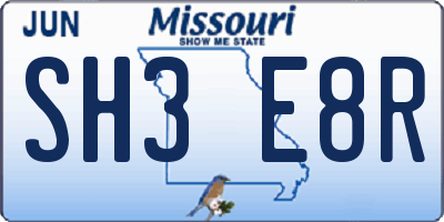 MO license plate SH3E8R