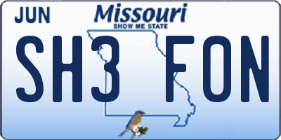 MO license plate SH3F0N