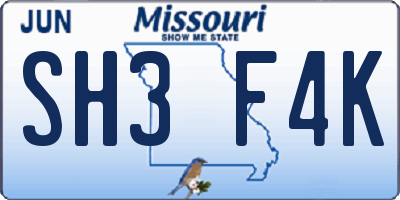 MO license plate SH3F4K