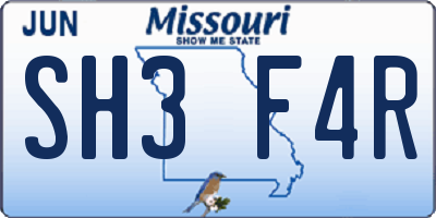 MO license plate SH3F4R