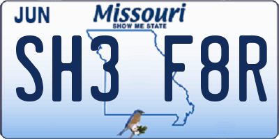 MO license plate SH3F8R