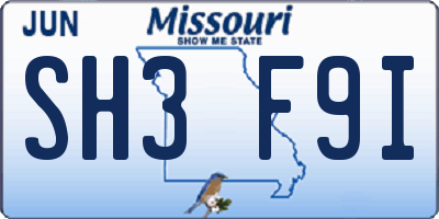 MO license plate SH3F9I