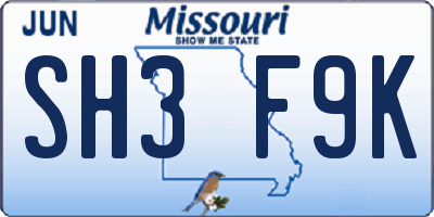 MO license plate SH3F9K