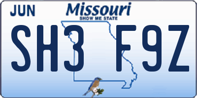 MO license plate SH3F9Z