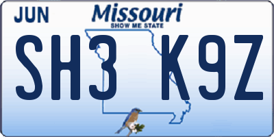 MO license plate SH3K9Z