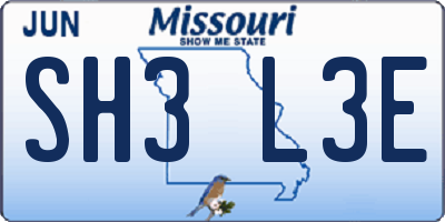 MO license plate SH3L3E