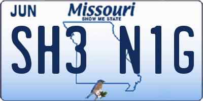 MO license plate SH3N1G