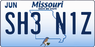 MO license plate SH3N1Z