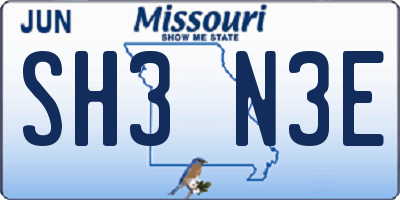 MO license plate SH3N3E