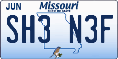 MO license plate SH3N3F