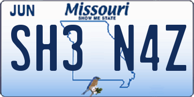 MO license plate SH3N4Z