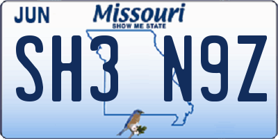MO license plate SH3N9Z