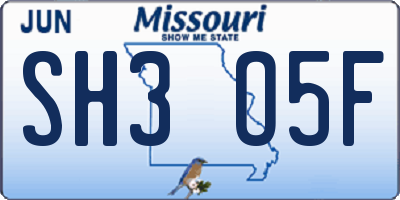 MO license plate SH3O5F
