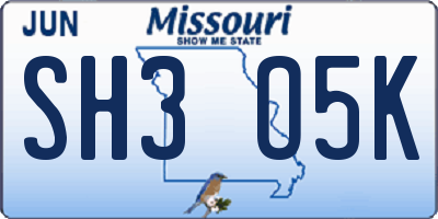 MO license plate SH3O5K