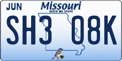 MO license plate SH3O8K