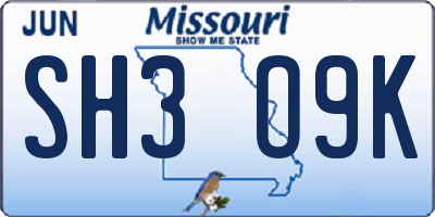 MO license plate SH3O9K