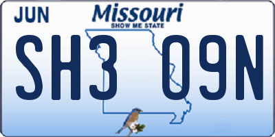 MO license plate SH3O9N