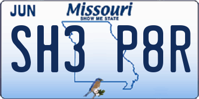 MO license plate SH3P8R