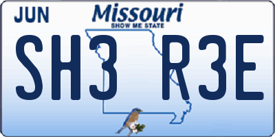 MO license plate SH3R3E