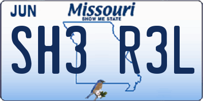 MO license plate SH3R3L