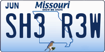 MO license plate SH3R3W