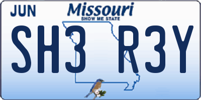 MO license plate SH3R3Y