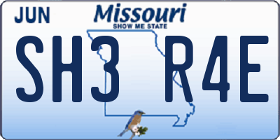 MO license plate SH3R4E