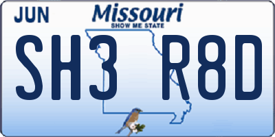 MO license plate SH3R8D