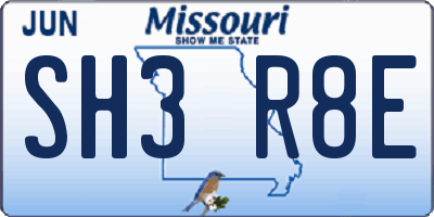 MO license plate SH3R8E