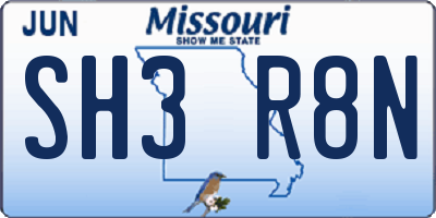 MO license plate SH3R8N
