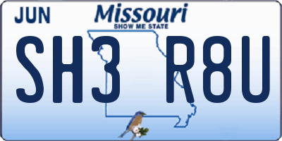 MO license plate SH3R8U
