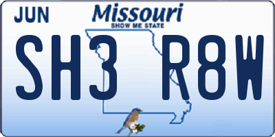 MO license plate SH3R8W