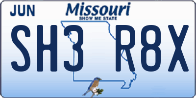 MO license plate SH3R8X