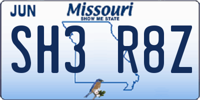 MO license plate SH3R8Z