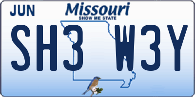 MO license plate SH3W3Y