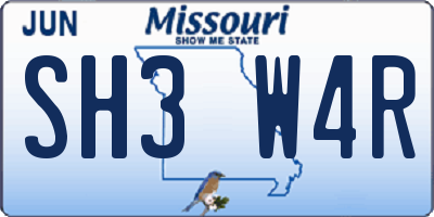 MO license plate SH3W4R