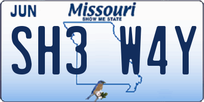 MO license plate SH3W4Y