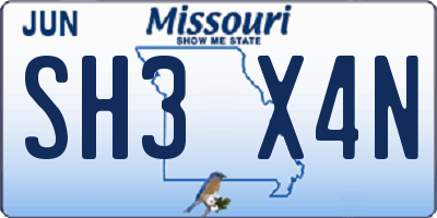 MO license plate SH3X4N